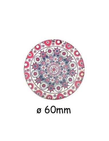 Pendentifs rosace mandala en bois rose, blanc et bleu 60mm