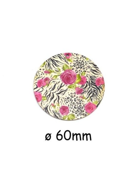Pendentifs rond en bois motif zébrée et fleur rose 60mm
