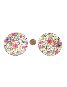 Pendentifs rond en bois motif zébrée et fleur rose 60mm 2