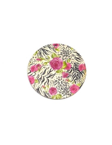 Pendentifs rond léger en bois motif zébrée et fleur rose 60mm