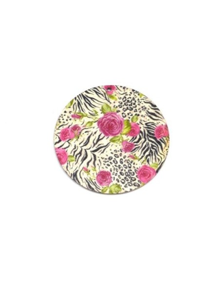 Pendentifs rond léger en bois motif zébrée et fleur rose 60mm
