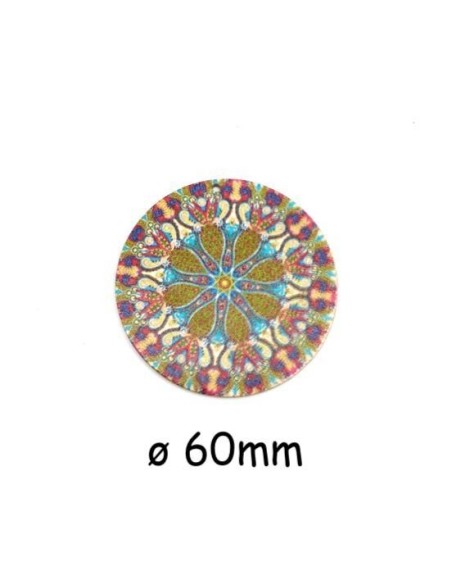 Pendentifs rond en bois décoré, rosace, mandala multicolore vert kaki, rose, écru 60mm
