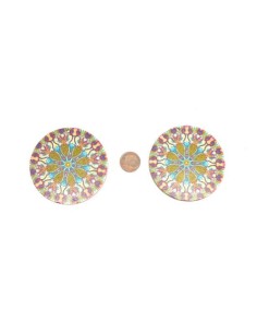 Pendentifs rond en bois décoré, rosace, mandala multicolore vert kaki, rose, écru 60mm 2