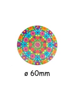 Pendentif rond en bois décoré motif fleur bleu turquoise, orange, rose fuchsia 60mm