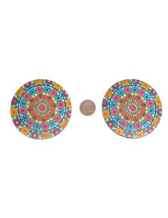 Pendentif rond en bois décoré motif fleur bleu turquoise, orange, rose fuchsia 60mm 2