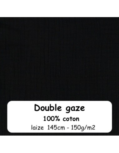 Tissus double gaze de coton uni noir - vendu au mètre