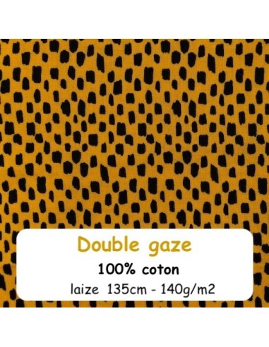Tissus double gaze de coton motif rectangle noir sur fond ocre - vendu au mètre