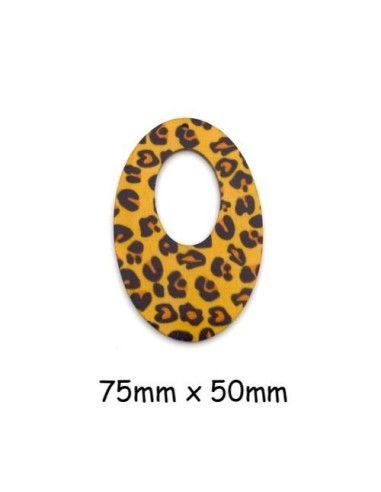 Pendentif ovale en bois motif léopard, panthère ocre et noir
