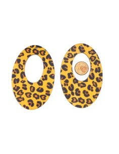 Pendentif ovale en bois motif léopard, panthère ocre et noir 2