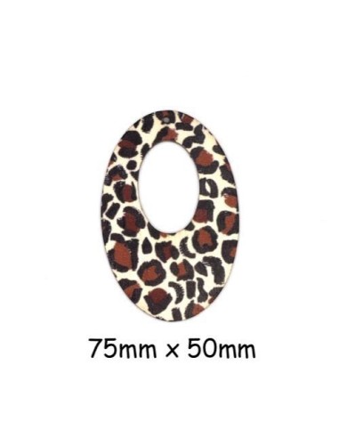 Pendentif ovale en bois motif léopard, panthère beige, noir et marron