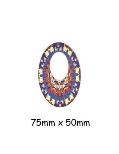 Pendentif ovale en bois style ethnique bleu, rouge et beige