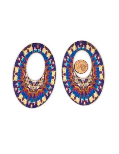 Pendentif ovale en bois style maya bleu, rouge et beige