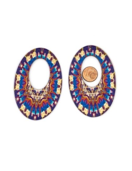 Pendentif ovale en bois style maya bleu, rouge et beige