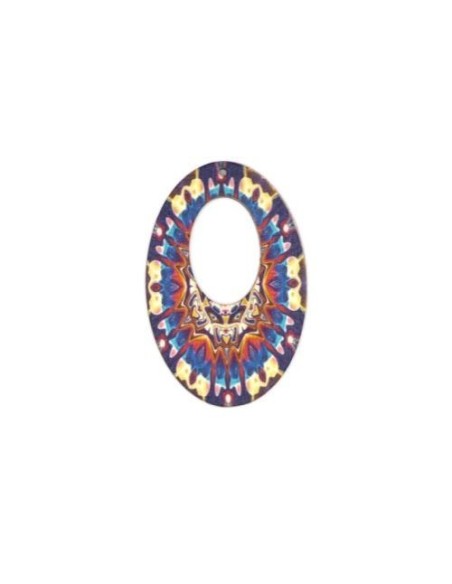 Pendentif ovale en bois style africain bleu, rouge et beige