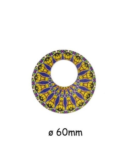 Pendentifs rond en bois, créole motif ethnique ocre, bleu et vert