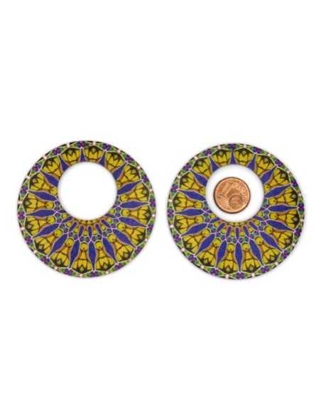 Creole en bois, créole motif ethnique ocre, bleu et vert