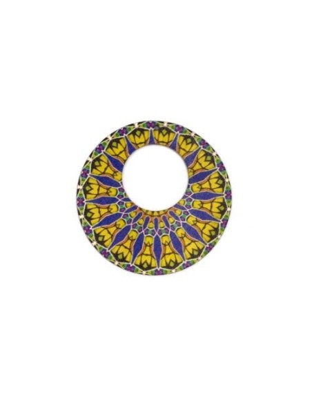 Pendentifs rond en bois, créole motif ethnique ocre, bleu et vert pour collier