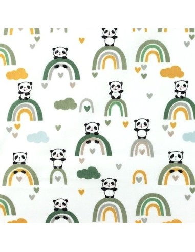 Popeline de coton motif Panda ocre, vert sur fond écru blanc - vendu au mètre - Tissus coton