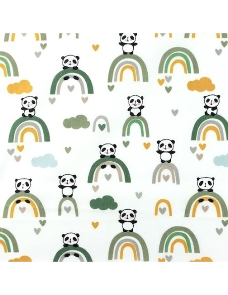 Tissus coton motif Panda ocre , vert OEKOTEX