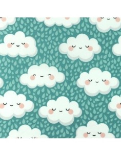 Popeline de coton motif Nuage heureux sur fond vert menthe - vendu au mètre - Tissus coton