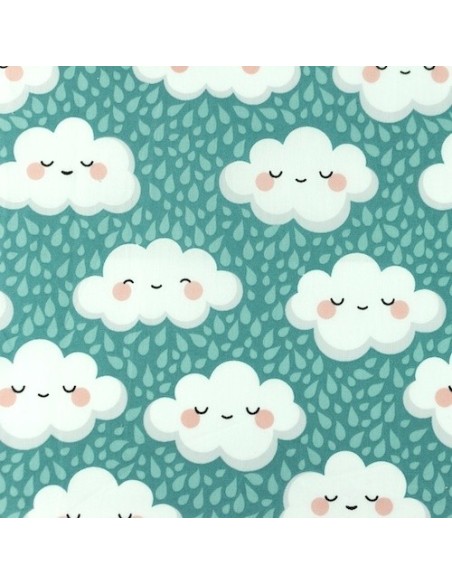 Tissus coton motif Nuage heureux sur fond vert menthe 