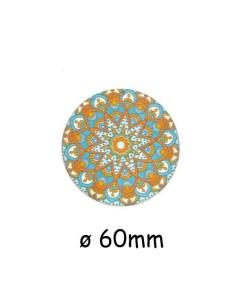 2 Pendentifs rond en bois décoré motif rosace, mandala bleu turquoise, ocre 60mm