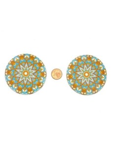 2 Pendentifs rond en bois décoré motif rosace, mandala bleu turquoise, ocre 60mm 2