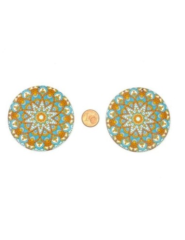 2 Pendentifs rond en bois décoré motif rosace, mandala bleu turquoise, ocre 60mm