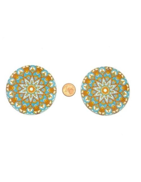 2 Pendentifs rond en bois décoré motif rosace, mandala bleu turquoise, ocre 60mm