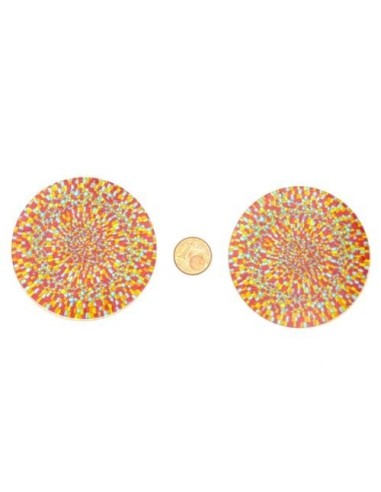 Breloque rond en bois décoré motif mosaïque lumineux orange, rose, rouge 60mm