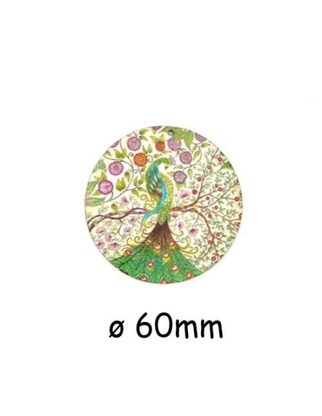 Pendentif rond en bois décoré motif paon vert, beige, bleu turquoise 60mm