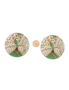 Pendentif rond en bois décoré motif paon vert, beige, bleu turquoise 60mm 2