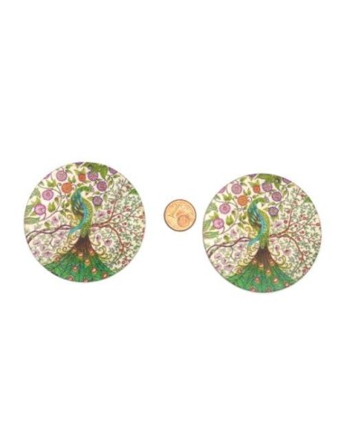 Grand Pendentif en bois motif paon vert, beige, bleu turquoise 60mm