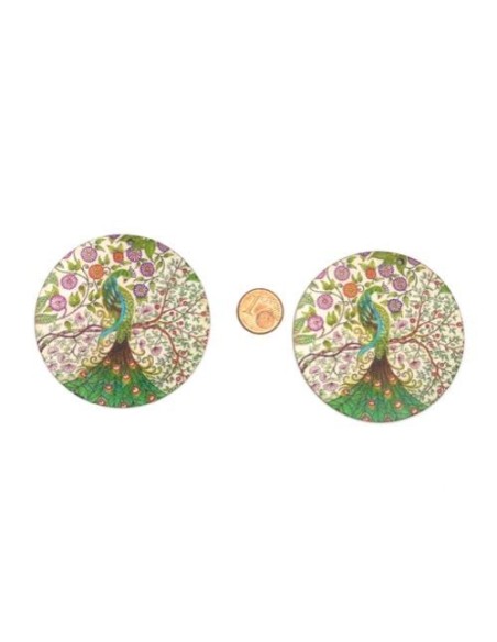 Grand Pendentif en bois motif paon vert, beige, bleu turquoise 60mm