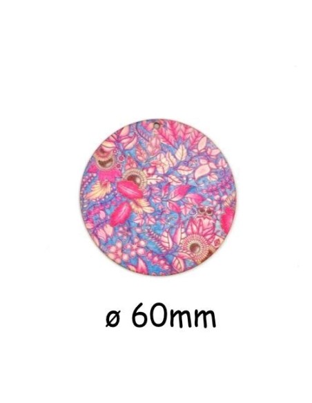 Pendentif rond en bois décoré motif plume, feuille rose et bleu turquoise 60mm