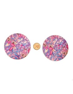 Pendentif rond en bois décoré motif plume, feuille rose et bleu turquoise 60mm 2