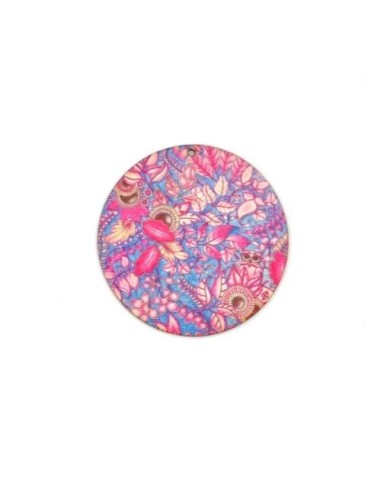 Grand Pendentif en bois décoré motif plume, feuille rose et bleu turquoise 60mm