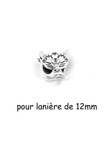 Perle passant chat en métal argenté pour lanière cuir de 12mm ou plusieurs cordons