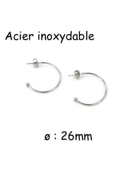 Créole ouverte argenté avec boule en acier inoxydable 26mm - 1 paire de créole argenté