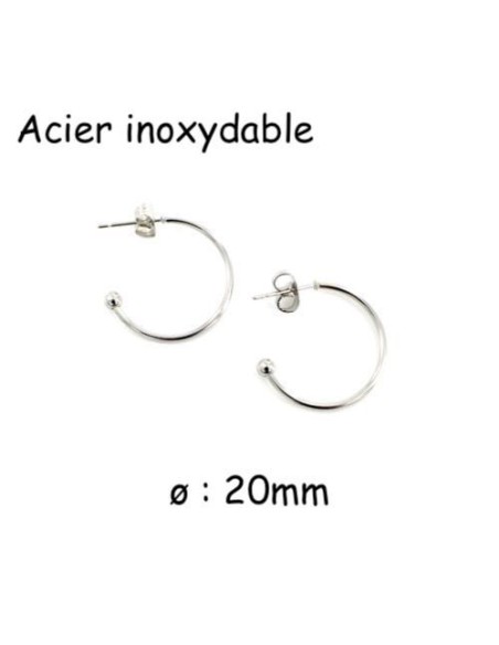 Créole ouverte argenté avec boule en acier inoxydable 20mm - 1 paire de créole argenté