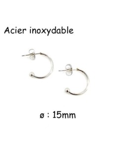 Créole ouverte argenté avec boule en acier inoxydable 15mm - 1 paire de créole argenté
