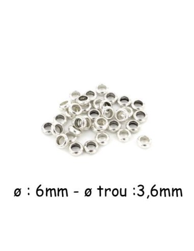 Perle rondelle 6mm à gros trou 3,6mm en métal argenté