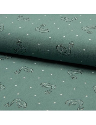 Tissus coton lavé motif Swan le Cygne sur fond vert canard mat - vendu au mètre
