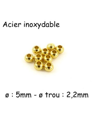 Perle ronde doré 5mm en acier inoxydable, trou de 2,2mm