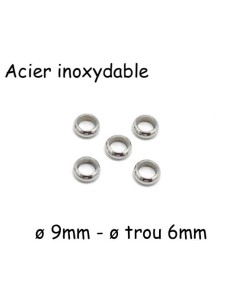 Perle rondelle 9mm en acier inoxydable argenté à gros trou