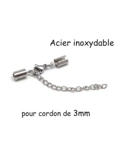 Fermoir serre fil avec mousqueton pour cordon de 3mm en acier inoxydable argenté
