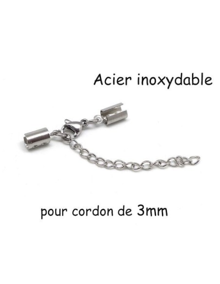 Fermoir serre fil avec mousqueton pour cordon de 3mm en acier inoxydable argenté