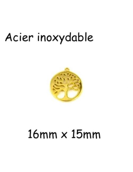 Breloque arbre de vie doré en acier inoxydable 15mm