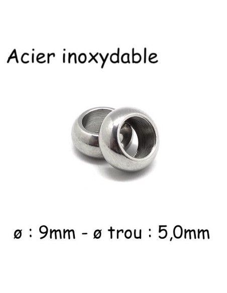Perle donut à gros trou 9mm en acier inoxydable argenté