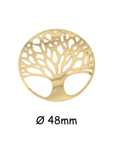 Grand pendentif rond en filigrane arbre de vie chêne en métal doré